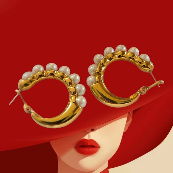 Monet Gold Tone Pearl Hoop Earrings - Picture 2 of 16